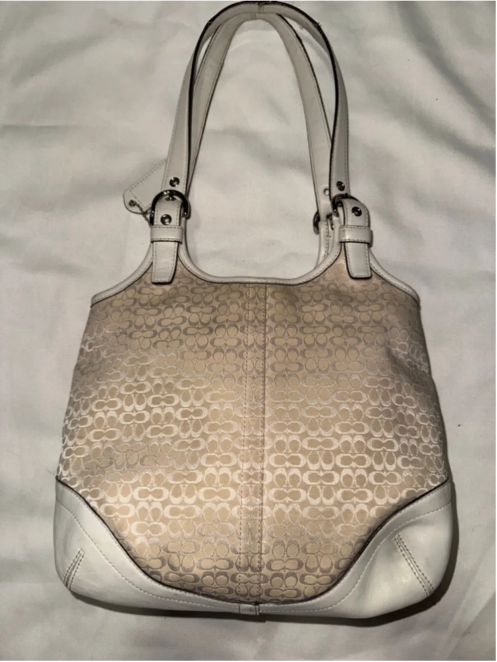 Coach Signature Jacquard Tote Cream White Leather Shoulder Bag Y2K